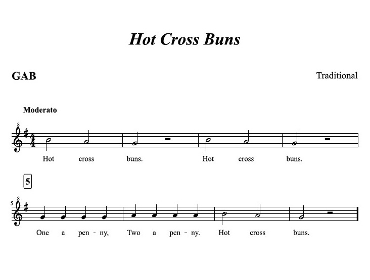 A sample of sheet music for Hot Cross Buns.